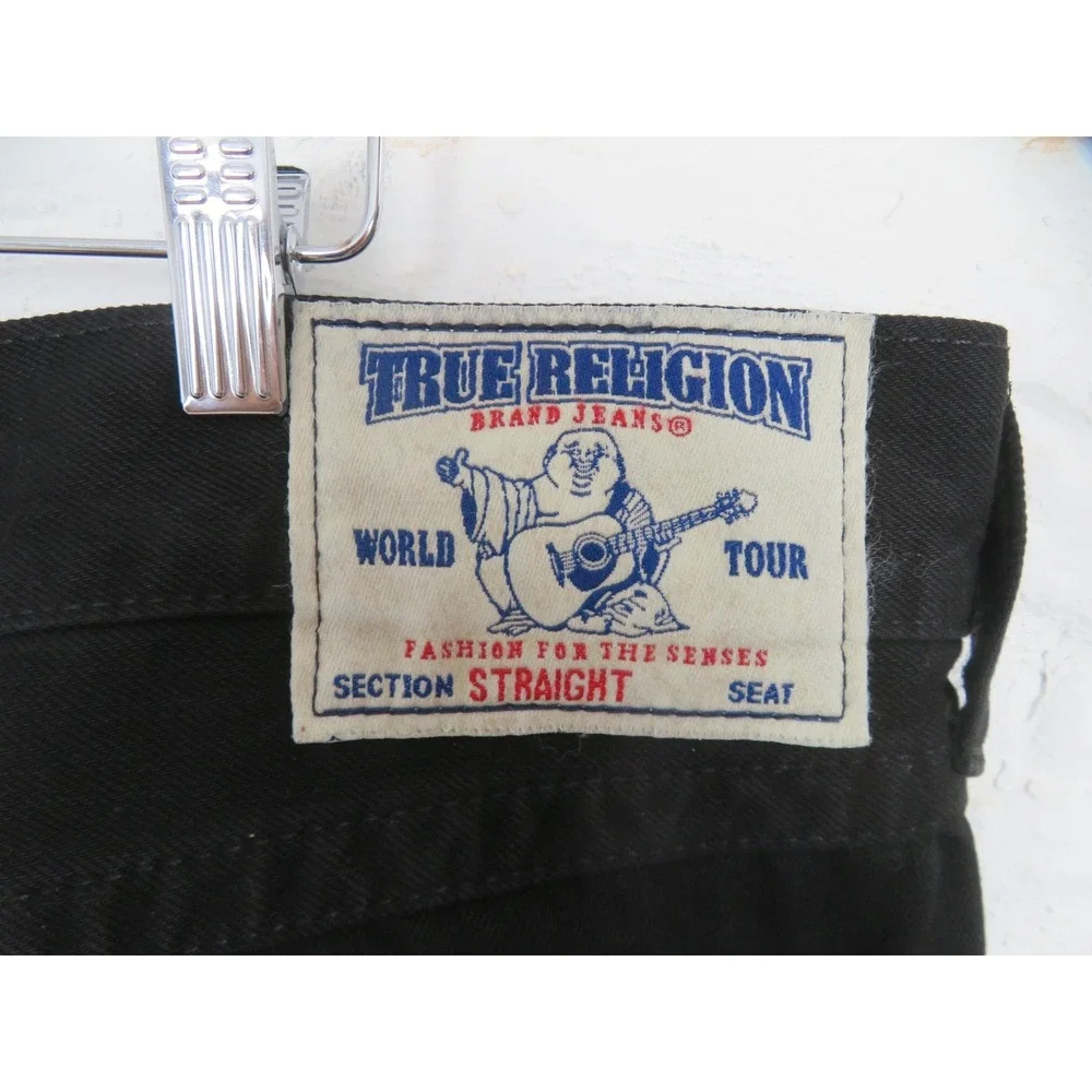 True Religion Straight Jeans Mens 38x30 Black Flap Pockets Logo Denim Casual
